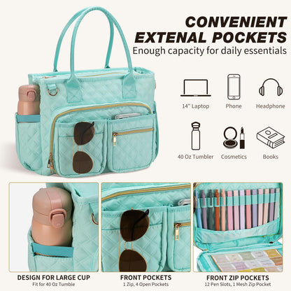 KOPKOFT Large Bible Cover Case for Women, Quilted Church Tote Bag with Shoulder Strap, Bible Study Supplies Journaling Kit Bible Accessories, Christmas Christian Gift for Women (Blue Green)