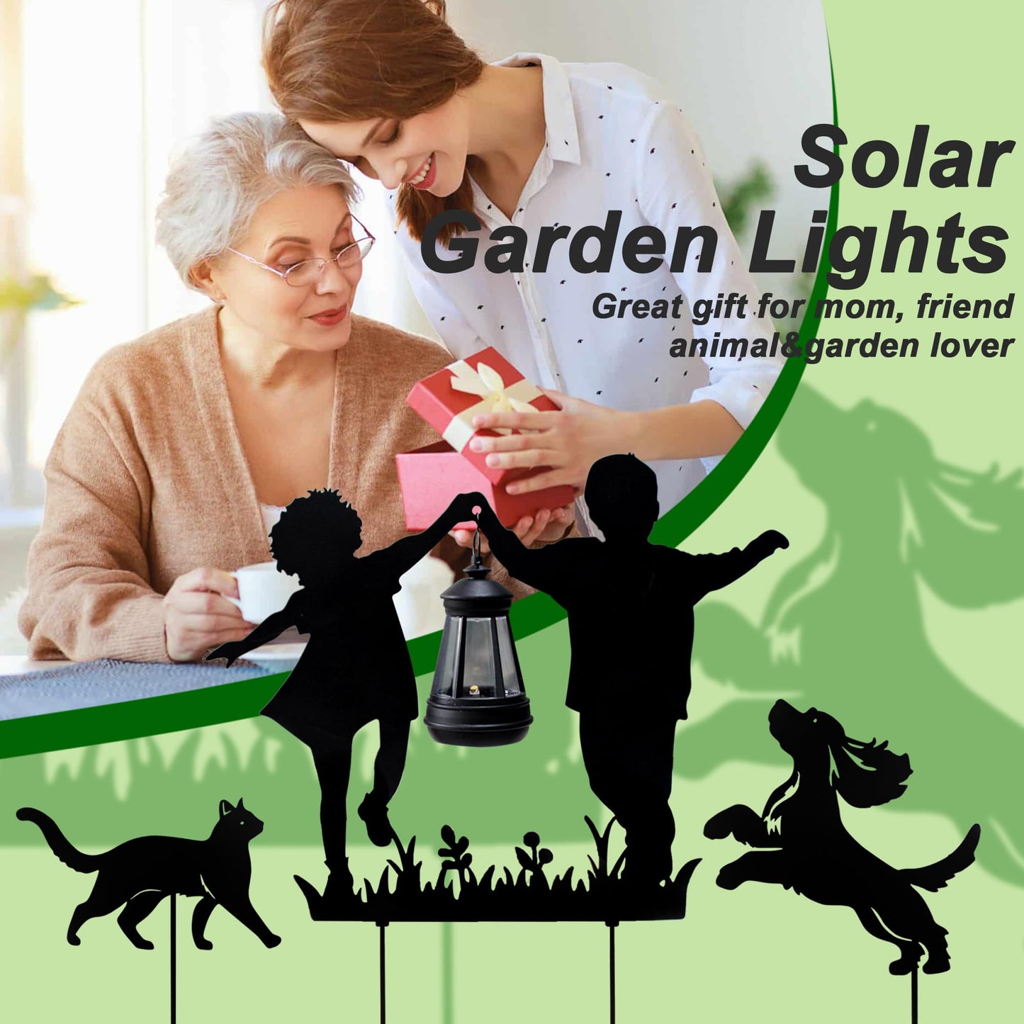 BVLFOOK Solar Garden Stakes with LED Lantern, Metal Silhouette Children and Pets Design, 12 x 4 x 10 Inches, Iron Construction, 3 Piece Set for Outdoor Yard Decor