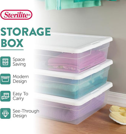 Sterilite 40 Pack Storage Box, 28 Quart Stackable Tote, Clear Plastic Container with Secure Snapping Lids for Home and Office Organization, White