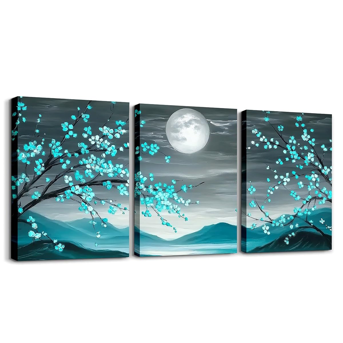 jejeloiu Teal Blue Plum Blossom Canvas Wall Art for Living Room Bedroom 12"x16"x3pcs Moon Mountain Picture Wall Decor for Bathroom Floral Flower Office Decorations Artwork Posters Botanical Painting