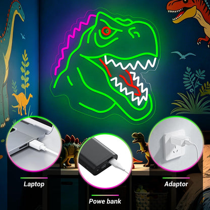 Dinosaur Neon Sign Lights for Wall Decor, T-REX LED Sign for Room and Man Cave Decor, Dimmable Powered LED Signs for Bedroom, Man Cave Party, Birthday Christmas Gift (T-REX Green)