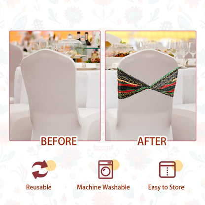 Newwiee Spandex Chair Bands Animal Print Elastic Sashes Bow Polyester Chair Cover Bands Ties Without Buckle for Animal Jungle Theme Party Birthday Decor (African Kente,24 Pcs)