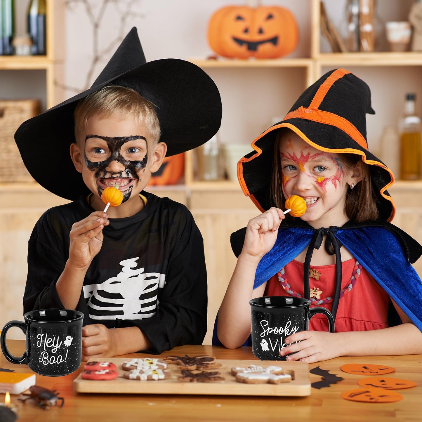 JarThenaAMCS 2Pcs 15oz Halloween Coffee Mugs Black White Ghost Ceramic Cups with Handle Hey Boo Drinking Mugs for Halloween Birthday Holiday Party