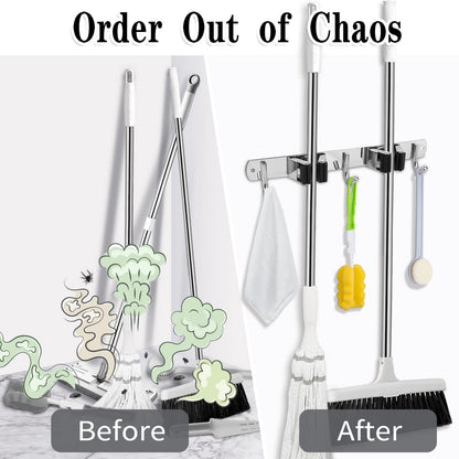 AceMining 5 Racks and 4 Hooks Mop and Broom Holder Wall Mount, Broom Organizer Storage Tool Racks Stainless Steel Heavy Duty Hooks Self Adhesive Solid Non-slip for Home Kitchen Garden Laundry Garage