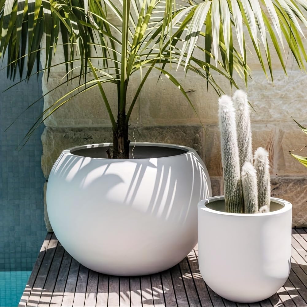 Panlaolao 13.5 H x 17" Dia (12" Pot Opening) Round Fiberstone Planter with Drainage Hole, White, Indoor/Outdoor Large Plant Pot for Home Patio Garden, Ideal for Large Plants