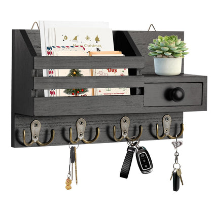 HOMEBROS Key Holder Wall Mount, Wooden Adhesive Mail and Key Organizer with Drawer, Small Shelf, 8 Hooks, 2 Installation Methods, Black