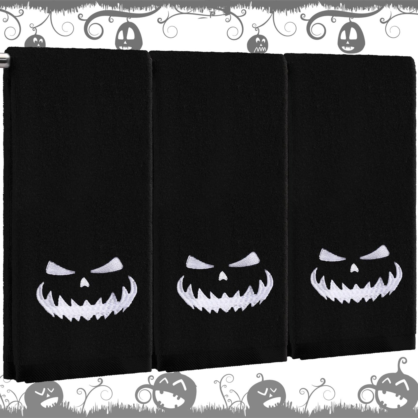 Fanfanwin 3 Pcs Halloween Bath Hand Towels 13.7 x 29.5 Inch Embroidered Decorative Hand Towel Kitchen Towels 100% Cotton Towel Decor for Holiday Bathroom(Black,Pumpkin)