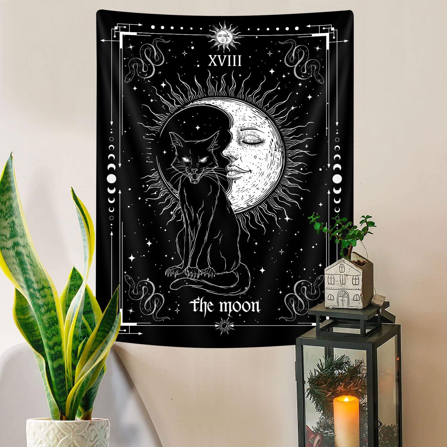 Gothic Black Cat Vertical Tapestry, Witchy Black and White Tarot Card Wing Bat Cat Cool Tapestries for Men, Moon Phases Aesthetic Anime Witchcraft Satanic Art Tapestry Wall Hanging for Bedroom Living Room Poster, 40X60Inch