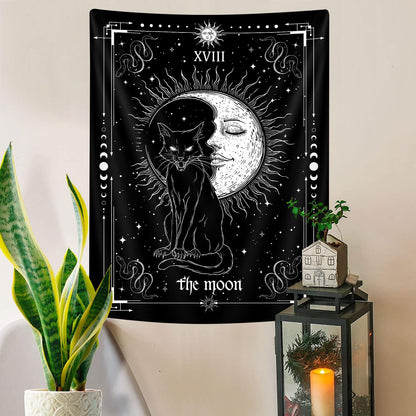 Gothic Black Cat Vertical Tapestry, Witchy Black and White Tarot Card Wing Bat Cat Cool Tapestries for Men, Moon Phases Aesthetic Anime Witchcraft Satanic Art Tapestry Wall Hanging for Bedroom Living Room Poster, 40X60Inch