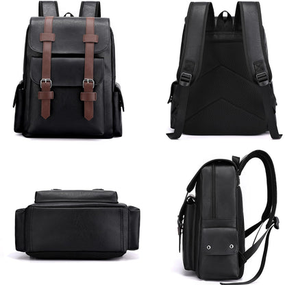 Farcauo Leather Backpack for Men Vintage Laptop Backpack Black Travel Work Backpacks Large Capacity Business Hiking Back Pack