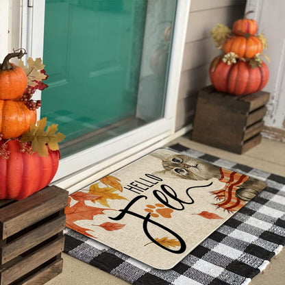 Roszwtit Hello Fall Door Mat 30 X 17 Inch Fall Cat Doormat Indoor Outdoor Entrance Floor Mat Non Slip Autumn Thanksiving Decor Rubber Welcome Mats