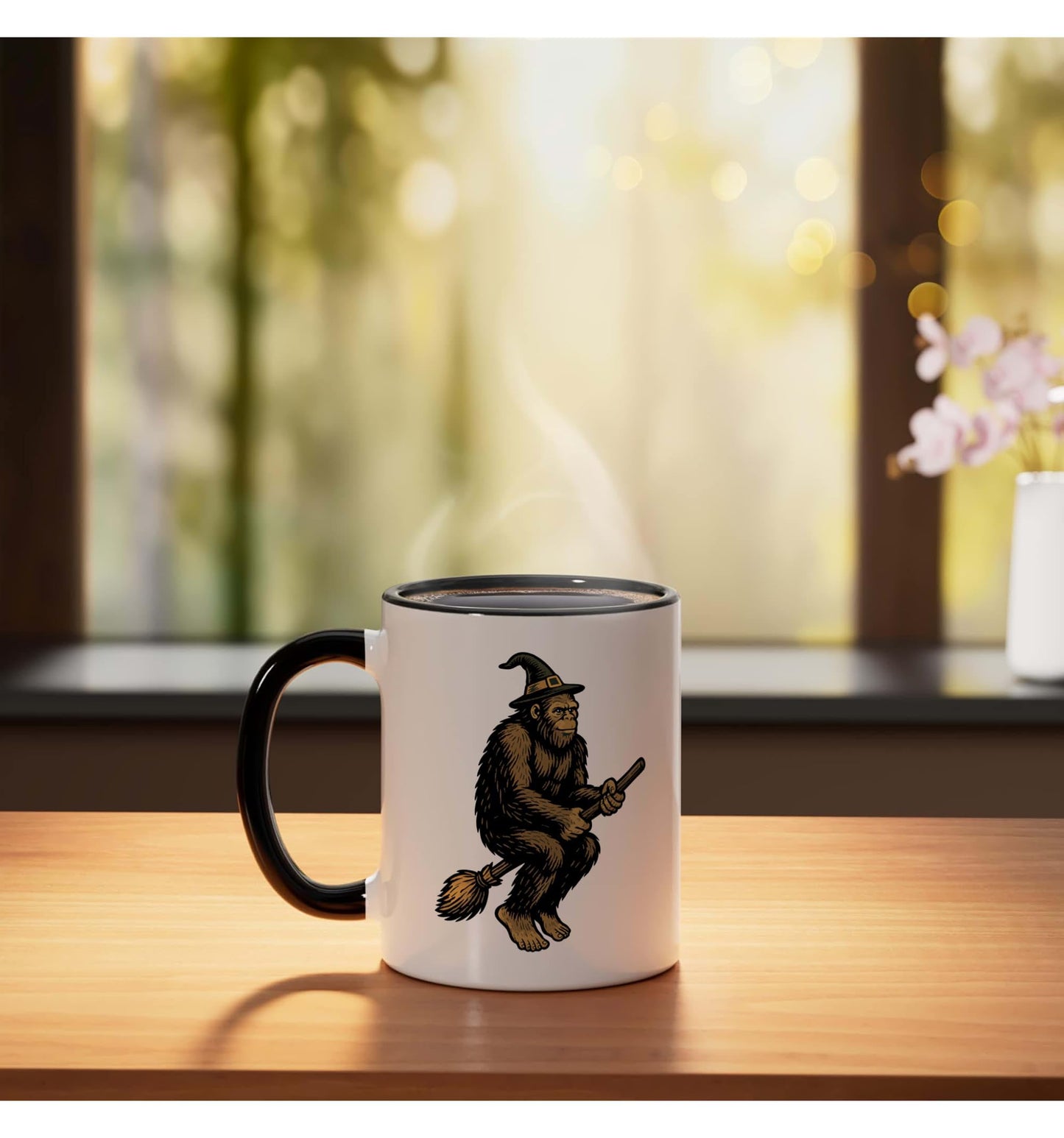 Bigfoot Witch Funny Sasquatch Broomstick Halloween Spooky Ceramic Mug, Black/White