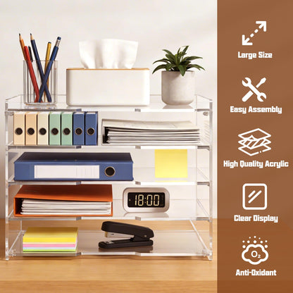 Leffis 5 Tier Acrylic Desk Organizer, Clear Paper File Folder Holder Letter Tray, Desktop Document Sorter for Office Home School Classroom, Tiered Storage Rack for Papers Bills Mail Supplies