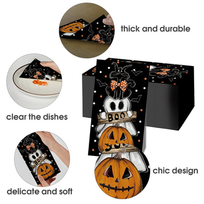 Horaldaily 100 Halloween Disposable Paper Decorative Guest Napkins, Orange Jack-O-Lantern Pumpkin Dots Ghost Cat Hand Towel for Party Lunch Dinner Kitchen Bathroom