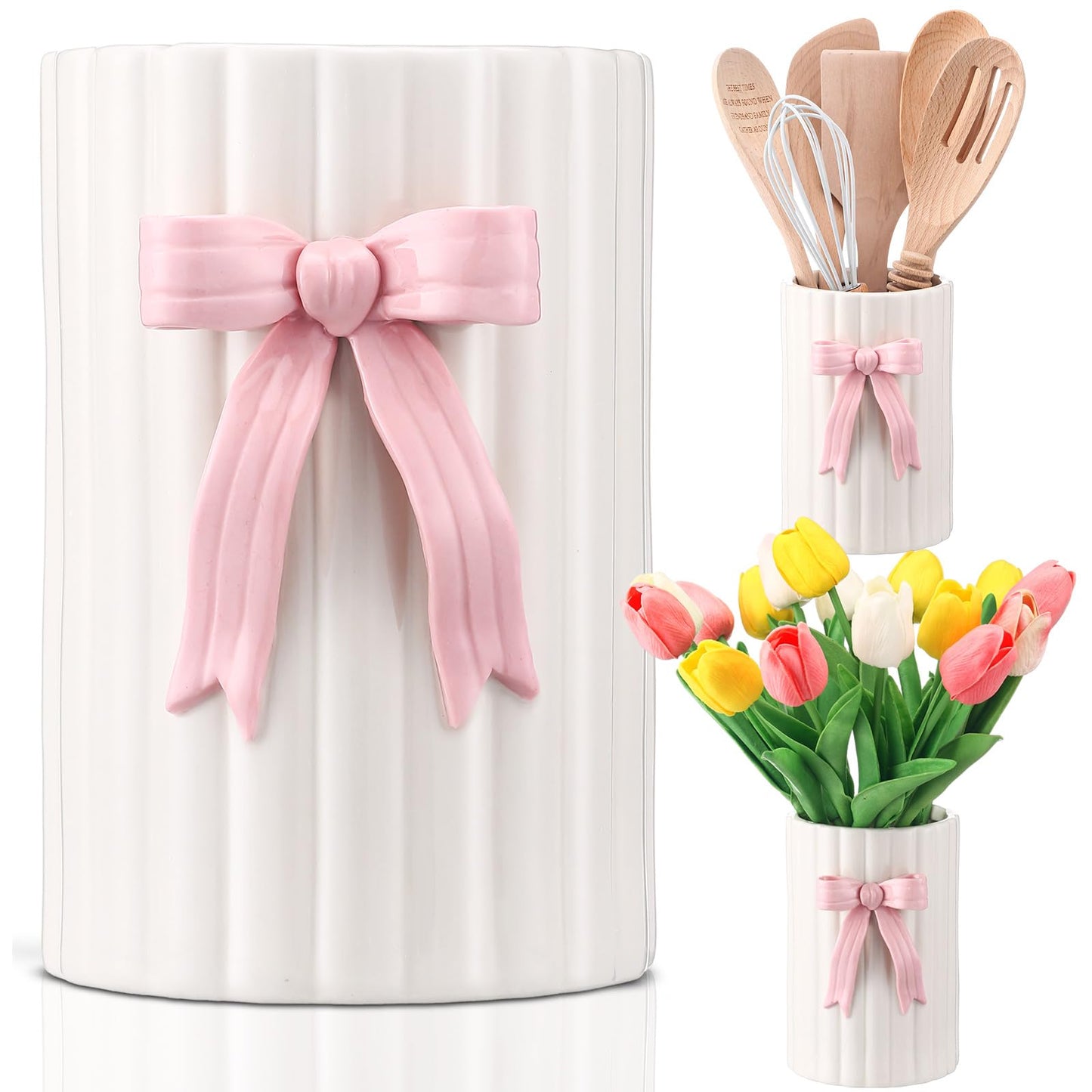 LemonRoad Pink Bow Ceramic Utensil Holder 3D Coquette Handmade Pink Kitchen Decor Gifts for Mom Cooking Utensil Crock with Scalloped Preppy Caddy Pen Holder Vase Back to School
