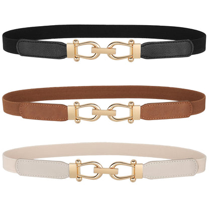 JASGOOD Women Skinny Elastic Stretch Belts for Dresses Retro Ladies Waist Gold Buckle Thin Belts 3 Pack, Brown+Black+Beige
