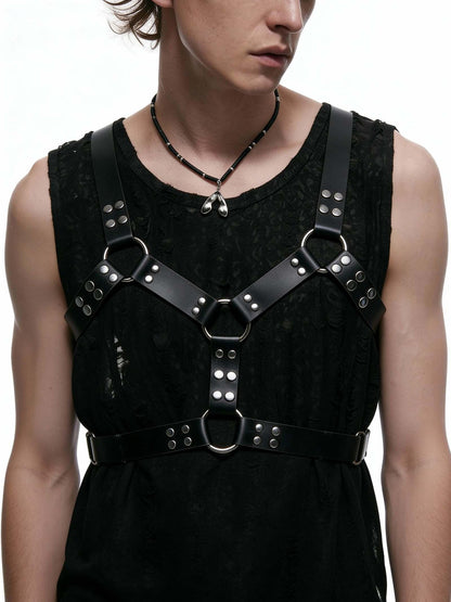 Men’s Adjustable Faux Leather Chest Harness with Metal O-Rings, Punk Rock Body Strap for Festival, Rave, Clubwear, Costume and Fashion Styling Outfits(Fit Bust 40.2-47.2in)