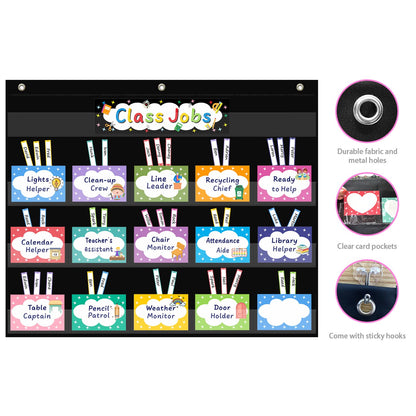 REGELETO Class Jobs Pocket Chart with 70 Colorful Dry Erase Cards and 3 Hooks,Class Management Educational Pocket Chart Teacher's Helper Size: 24.5”x21.8”inch Bulletin Board for Classroom (Black)