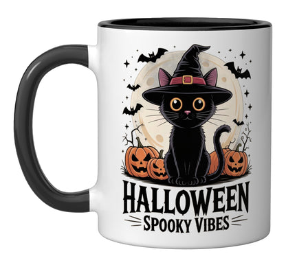 Halloween Spooky Vibes Cat Cute Black Witch Coffee Lover Ceramic Mug, Black/White