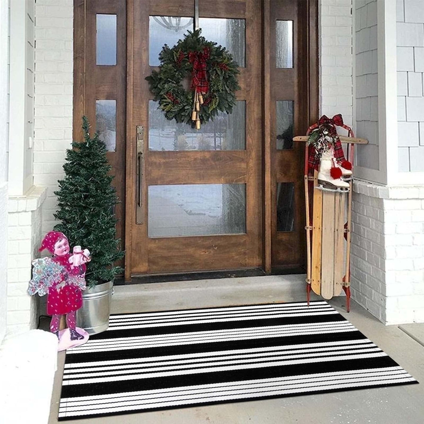 OJIA Black & White Outdoor Rug 3x5 Cotton Hand-Woven Striped Porch Rugs Machine Washable Entryway Rug Indoor Outdoor Area Rug Front Door Rug Floor Mat for Farmhouse/Living Room/Home Entrance