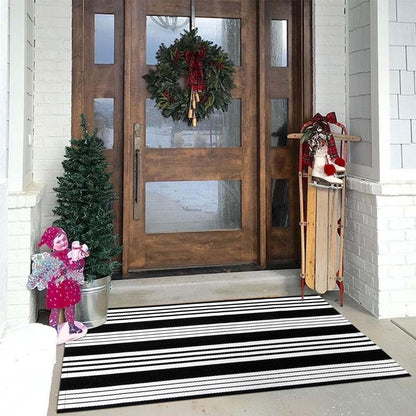 OJIA Black & White Outdoor Rug 3x5 Cotton Hand-Woven Striped Porch Rugs Machine Washable Entryway Rug Indoor Outdoor Area Rug Front Door Rug Floor Mat for Farmhouse/Living Room/Home Entrance
