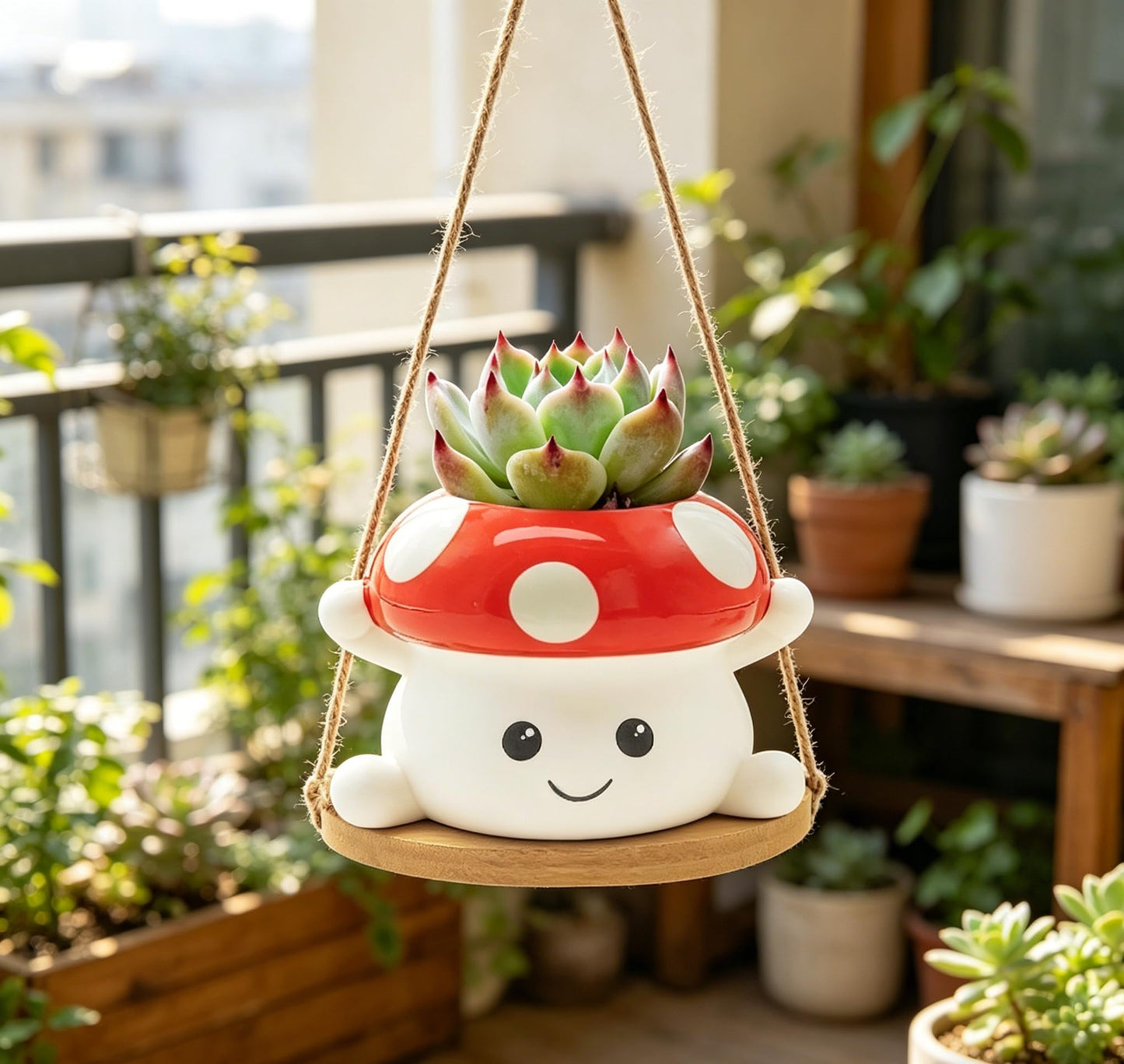 MAKGEWI Mushroom Swing Hanging Planter, Cute Ceramic Face Planter for Indoor & Outdoor, Whimsical Decor for Succulents & String of Pearls, Small Hanging Pot for Home Garden