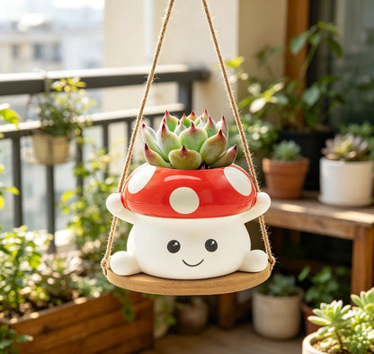 MAKGEWI Mushroom Swing Hanging Planter, Cute Ceramic Face Planter for Indoor & Outdoor, Whimsical Decor for Succulents & String of Pearls, Small Hanging Pot for Home Garden