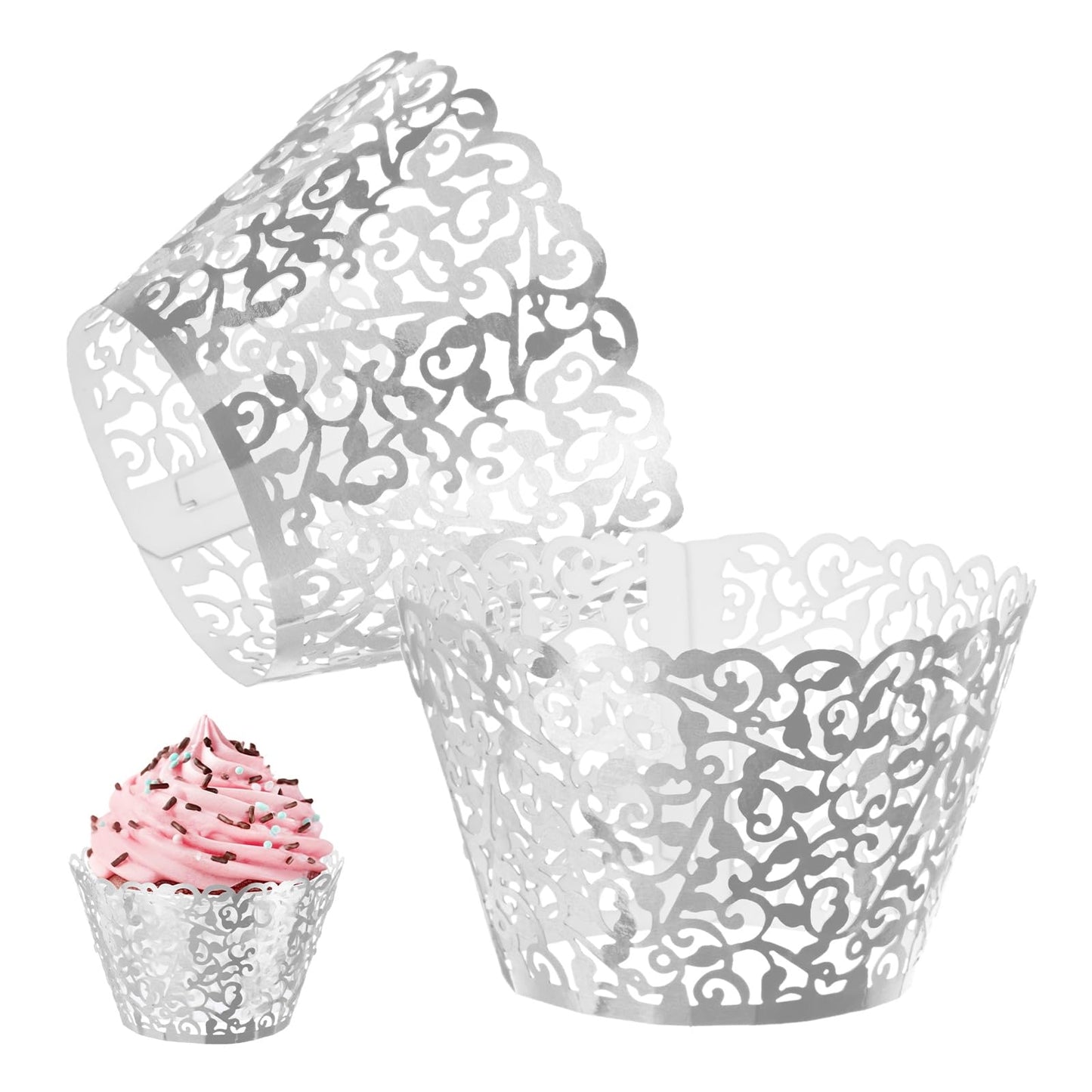 M METERXITY 50-Pack Cupcake Wrappers, Vine Decoration Standard Baking Cups for Wedding/Birthday Party/Bakeries/Cafes Cake Decoration, Bake Cake Paper[Reflective Silver]