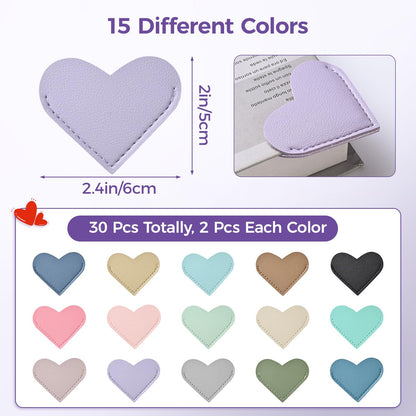 Yuwiiuuo 30 Pcs Leather Heart Bookmarks for Women, Cute Book Marks for Reading, Ideal Gift for Home, Office, School Reading Supplies(15 Colors)