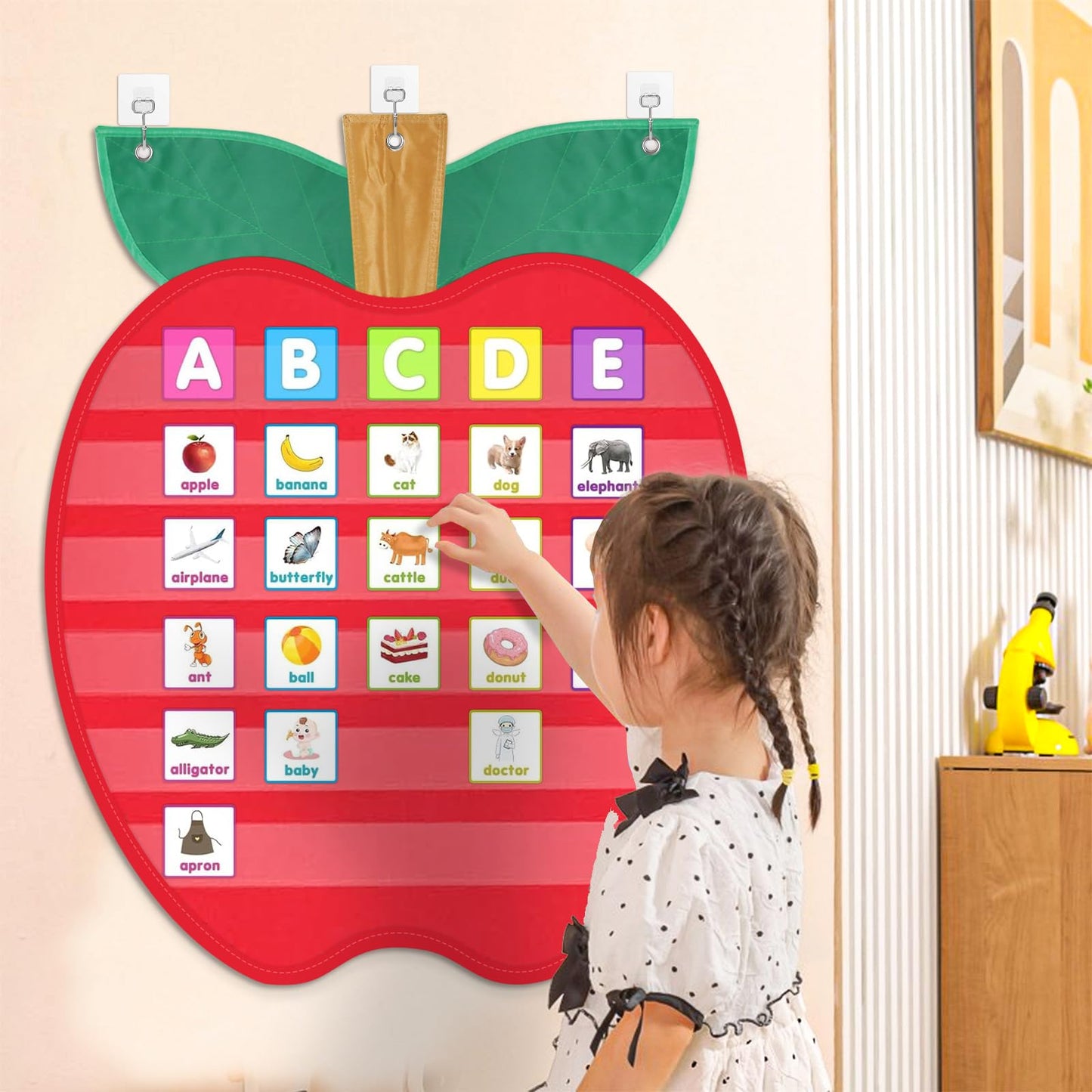 Large Pocket Chart for Classroom, 27 ½＂x 33 ⅞" Apple Shaped Hanging Pocket Charts for Kids, Back to School Supplies for Teacher, Pocket Charts with 6 Sentence Strips Holder (Red)