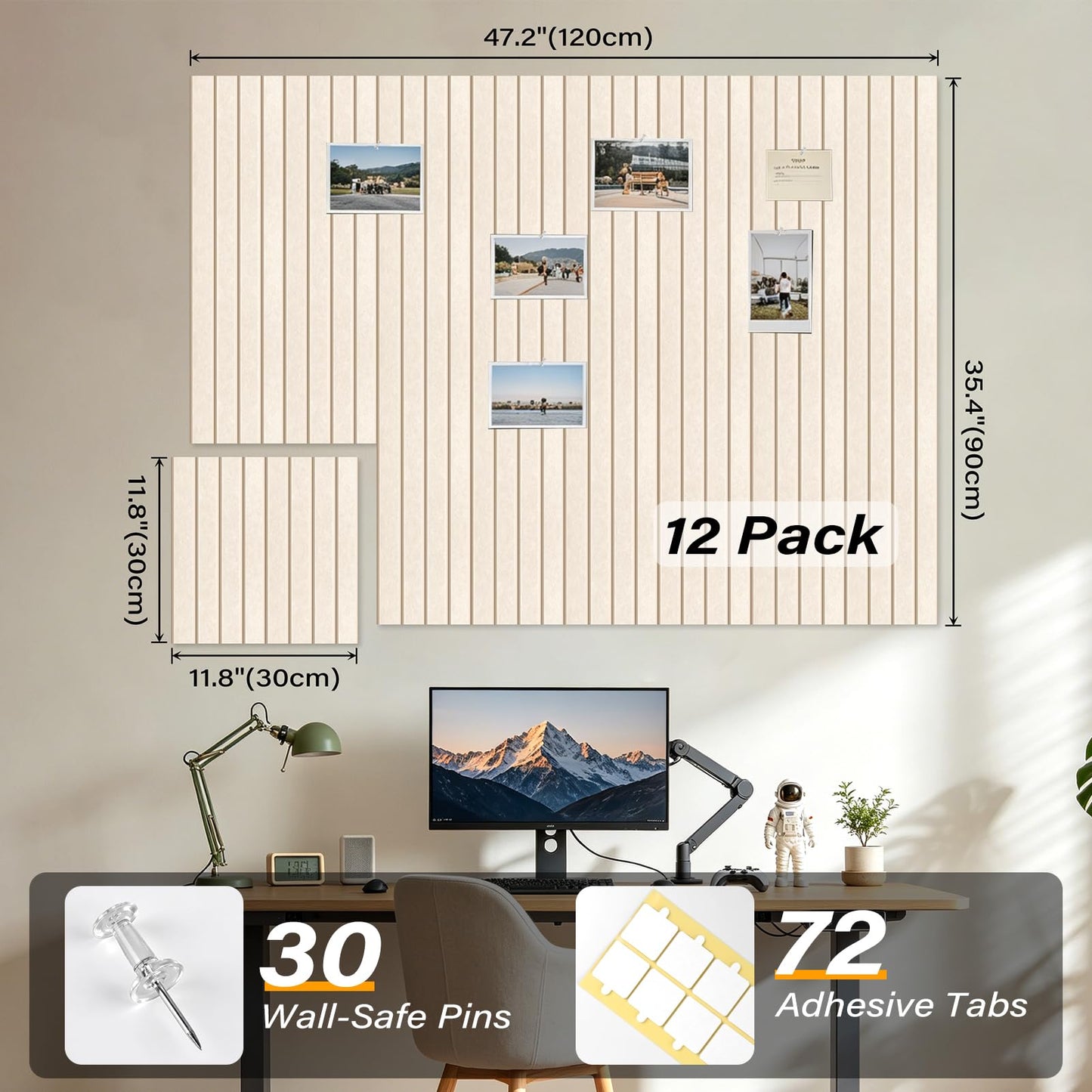 Large Felt Bulletin Board，47.2" x 35.4" 12 Pack Cork Board Alternative for Walls,Felt Wall Tiles for Office & Home Decor,Pin Board with 30 Pcs Pushpins and 72 Adhesive Tabs-Camel