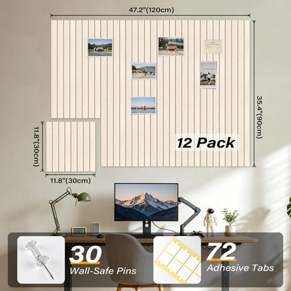 Large Felt Bulletin Board，47.2" x 35.4" 12 Pack Cork Board Alternative for Walls,Felt Wall Tiles for Office & Home Decor,Pin Board with 30 Pcs Pushpins and 72 Adhesive Tabs-Camel