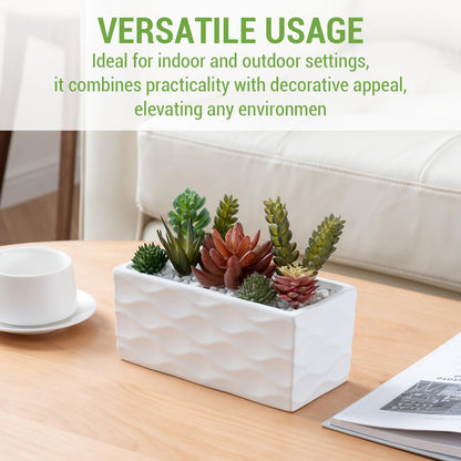 MyGift Modern Wave Pattern White Ceramic Rectangular Planter Pot - Decorative Indoor Flower Container for Home, Office, Patio, and Garden, 8-Inch