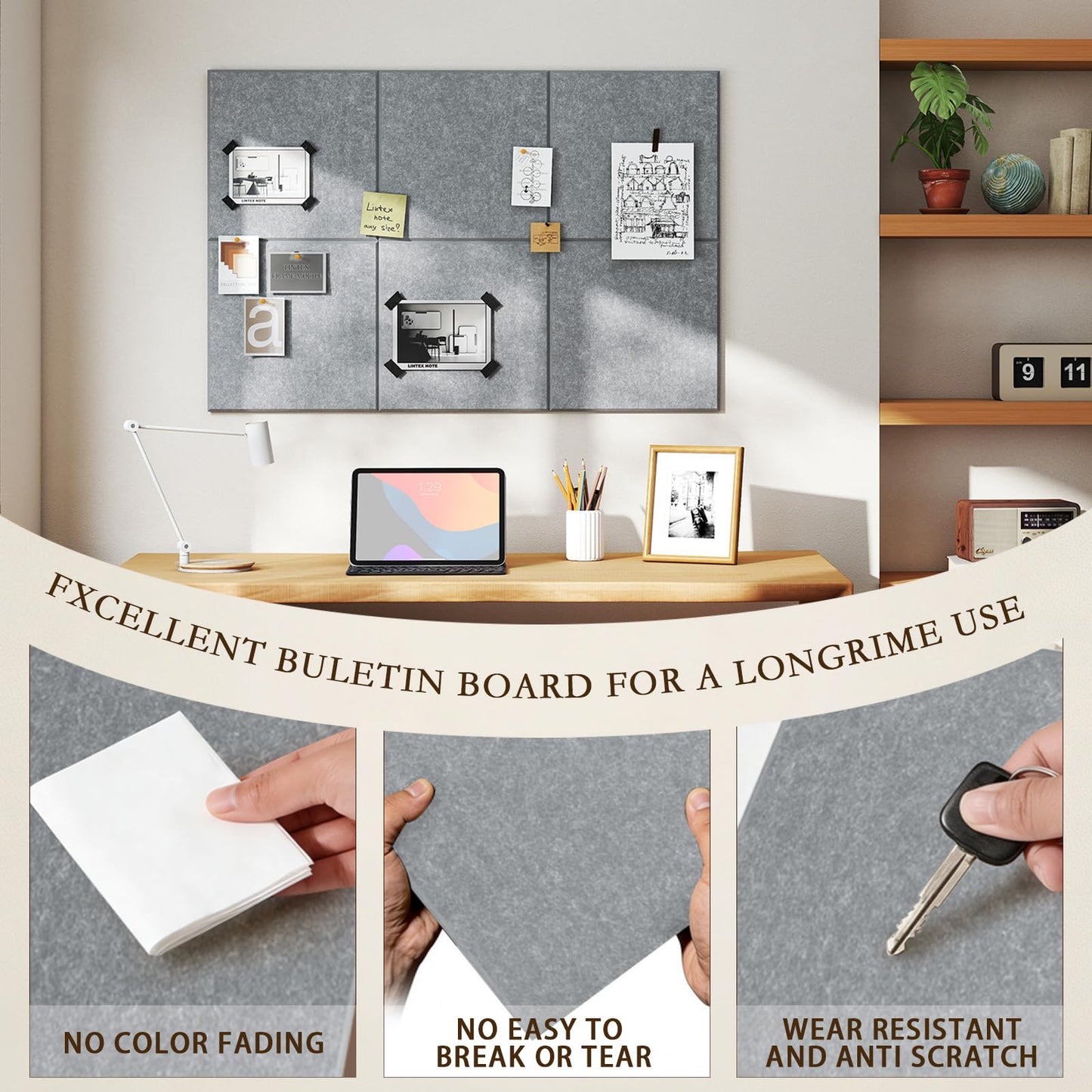 JBER Large Felt Bulletin Board 48"x36" - 12 Pack Felt Wall Tiles, Cork Board Alternative to Use in Office & Home Decor, Classroom Decor, Vision Board to Display Your Photos(Light Gray)