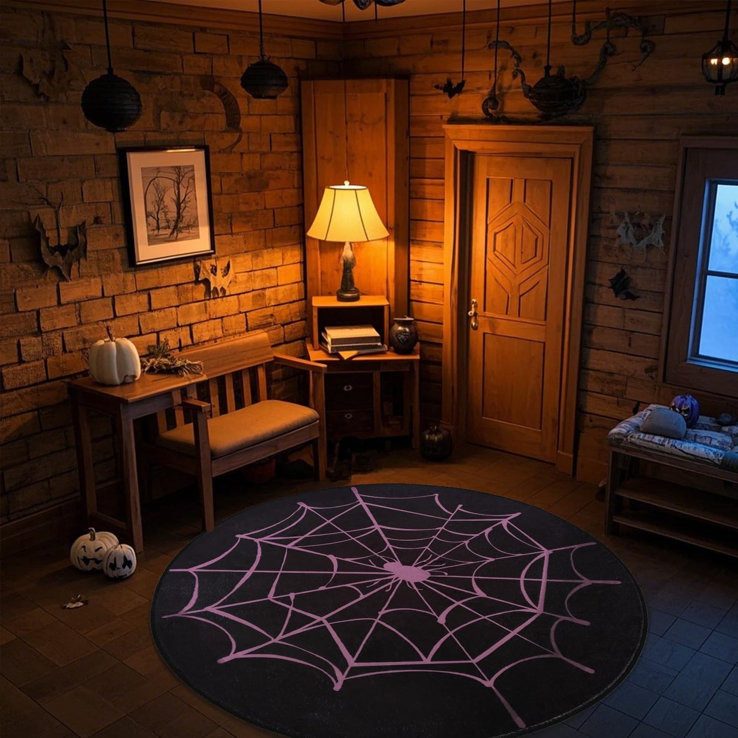 ABREEZE Spiderweb Decor Rug, Halloween Spider Web Carpet with Non-Slip Backed, Soft Washable Decor Rug for Living Room Bedroom Pink 47”