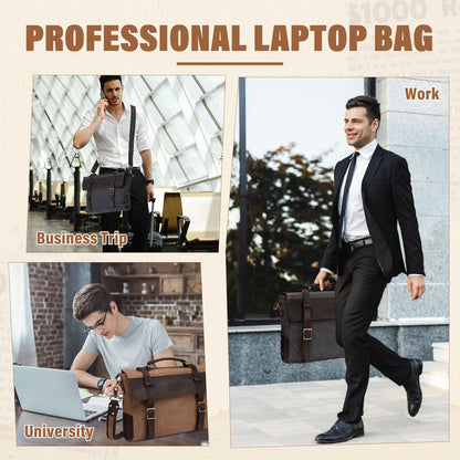 VASCHY Vintage Canvas Leather Messenger Bag School Shoulder Bag Business Briefcase Satchel Gray
