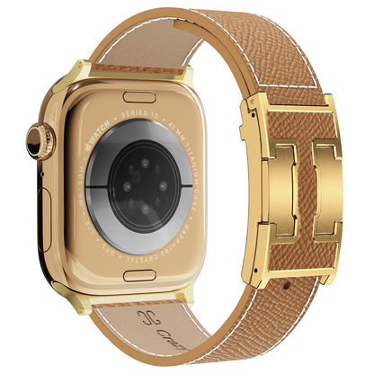 Leather Band Compatible with Apple Watch 49mm46mm45mm44mm42mm41mm 40mm38mm,Stylish Magnetic H Buckle Strap for iWatch Ultra 2/1/SE/Series 10/9/8/7/6/5/4/3/2/1 Women Men (Brown Band+Gold H Buckle, 38mm40mm41mm42mm)