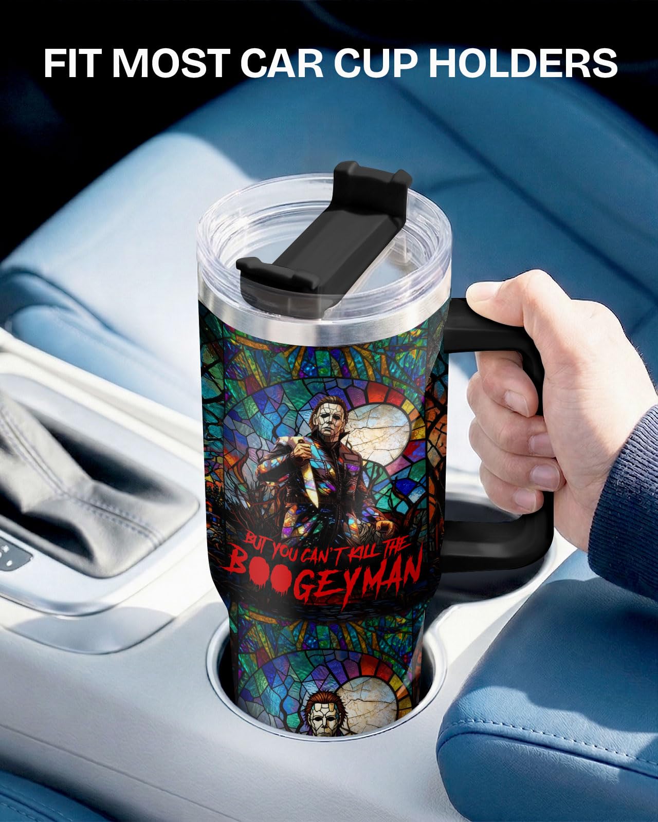 34HD Stained Glass Horror Boogeyman Tumbler 40oz Dark Gothic Killer Art Insulated Stainless Steel Travel Mug Spooky Halloween