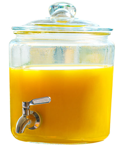 1 Gallon Beverage Dispenser with Stainless Steel Spigot + Marker & Chalkboard 100% Leakproof Glass Drink Dispenser for Parties with Spout, Airtight Beverage Serveware for Water, Juice, Laundry