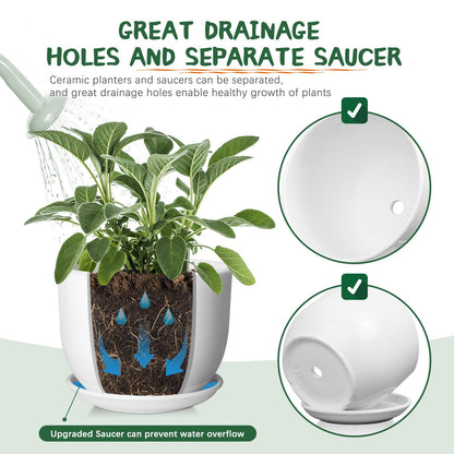 YUFDA 8 Inch Ceramic Planter, Plant Pots with Drainage Hole and Separable Saucer,Indoor-Outdoor Round Succulent Orchid Flower Pot,Indoor pots for Plants(Smooth White,Plant Pot only)