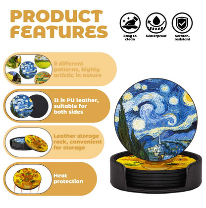 ABCHCHS Coasters Set of 6 - Van Gogh Style PU Leather Coasters for Drinks with Holder - Handmade Round Drink Coasters Set for Home Decor and Housewarming Gift