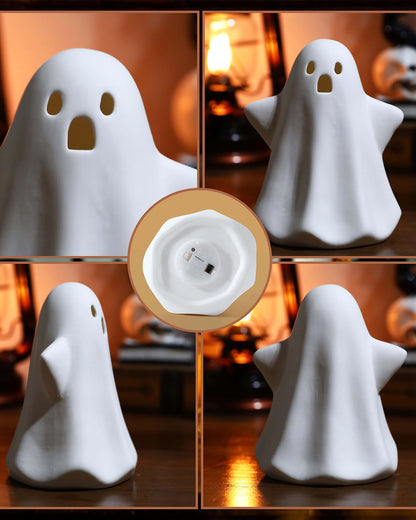 AOMOONOA Ceramic Ghosts Small White Ghost Figurine, 3PCS Light Up Ghost Decor, Small LED Ghost Halloween Decor Spooky Sculptures for Indoor Halloween Party Tabletop Home Shelf Decoration