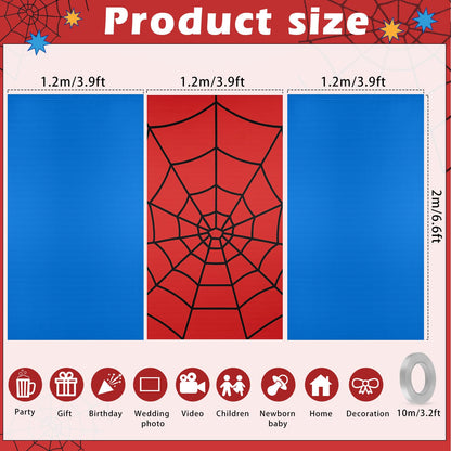 Boao 3 Pcs Spider Backdrop Birthday Decoration Spider Web Curtains 6.6 x 3.9 ft Photo Banner Window Decor for Party Photography Background Photo Props(Red and Blue Splicing)