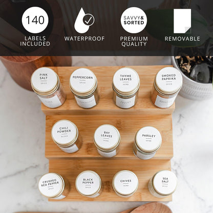 Round Spice Labels Stickers for Glass Jars - 140 Preprinted Waterproof Spice Jar Labels Stickers for Top of Lids, Seasoning Labels Only, Kitchen Pantry Organization