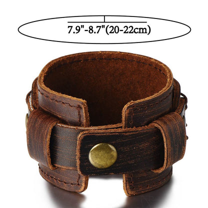 COOLSTEELANDBEYOND Men's Wide Brown Distressed Leather Cuff Bracelet with Snap Button Closure, Multi Wrap Layered Wristband, Vintage Biker Punk Jewelry Gift