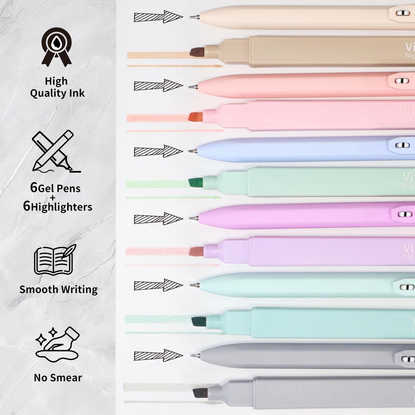 Piochoo Highlighters and Pens Set, 6 Aesthetic Highlighters and 6 Black Ink Gel Pens Fine Point Tip for Women Nurse Bible Study, Journaling, School and Office Supplies