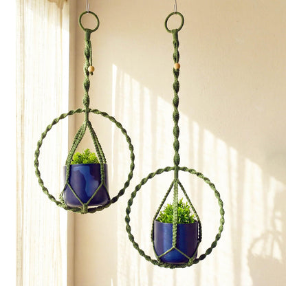 Macravine 2-Pack Handcraft Plant Hanger with Circular Ring, Hobo Art Planter Holder for Window, Macrame Plant Hanging Round, 2 Size 11.8"*23.6, 11.8 * 31.5", Green Color （No Pot and Plant Included