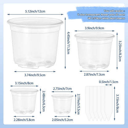 VOKOY 40 Pack 5/4/3/2.75 Inch Clear Nursery Pots with 40 Plant Labels, Clear Plant Pots with Drainage Hole Plastic Transparent Variety Pack Garden Flower Seedling Pot Small Planter Containers