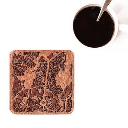 Canberra Map Coaster by O3 Design Studio, Set Of 4, Sapele Wooden Coaster With City Map, Handmade