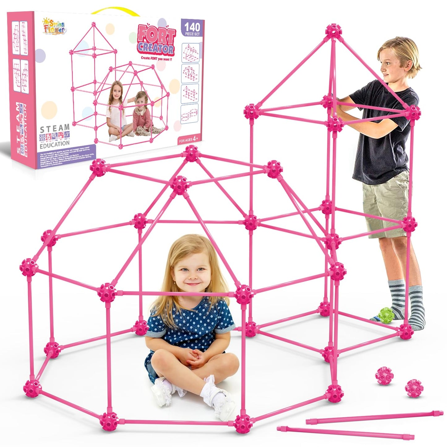 SpringFlower Fort Building Kit for Kids,STEM Construction Toys, Educational Gift for 3 4 5 6 7 8 9 10 11 12 Years Old Boys and Girls,Ultimate Creative Set for Indoor & Outdoors Activity,140 Pcs,Pink